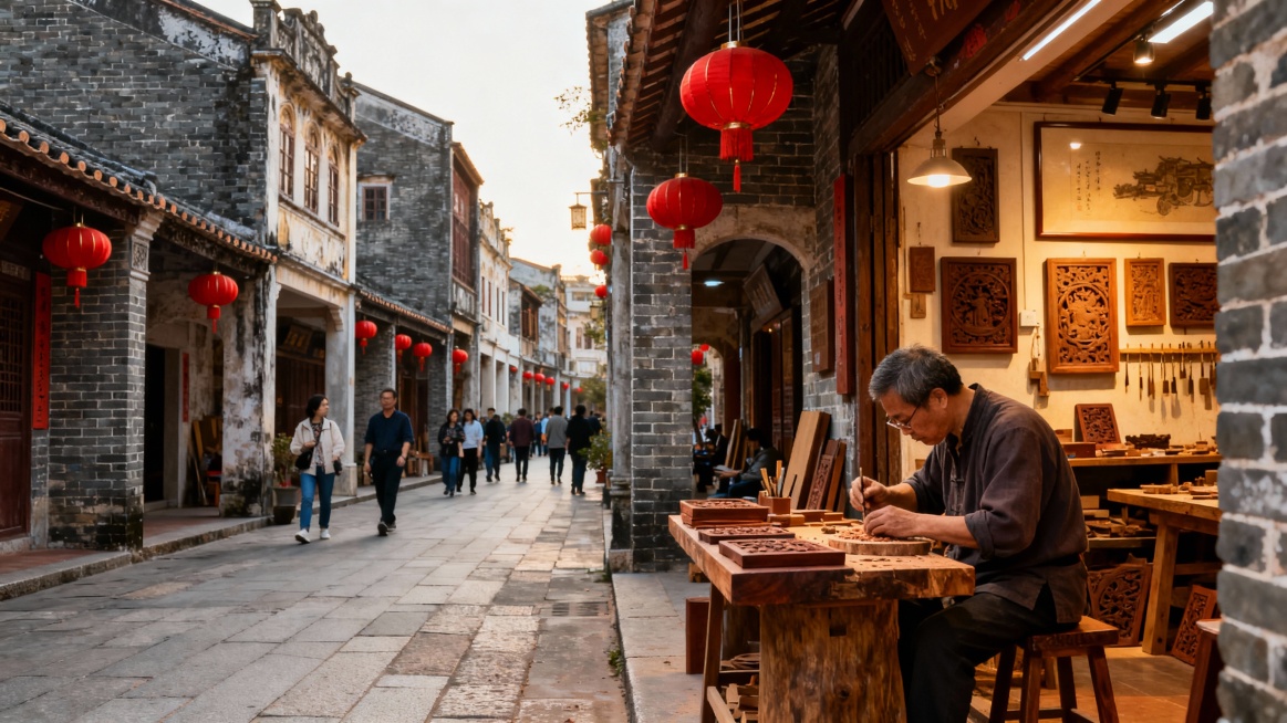 三街两巷古街区，青砖黛瓦的骑楼建筑错落有致，红灯笼高挂，传统手工艺店铺内匠人专注雕刻，游人穿梭其间，感受历史韵味。预览效果