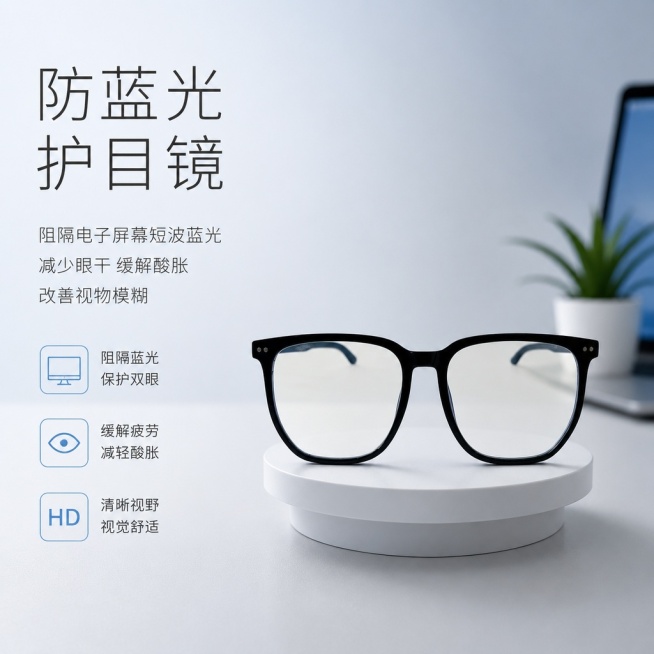 [单张主图] 防蓝光眼镜，高级氛围感主图，同时突出核心功能卖点。保持黑框方形防蓝光眼镜外观、物理结构、材质质感、颜色与输入产品图绝对一致，杜绝任何变形和色差，精细化处理。产品主体居中摆放，占画面约45预览效果