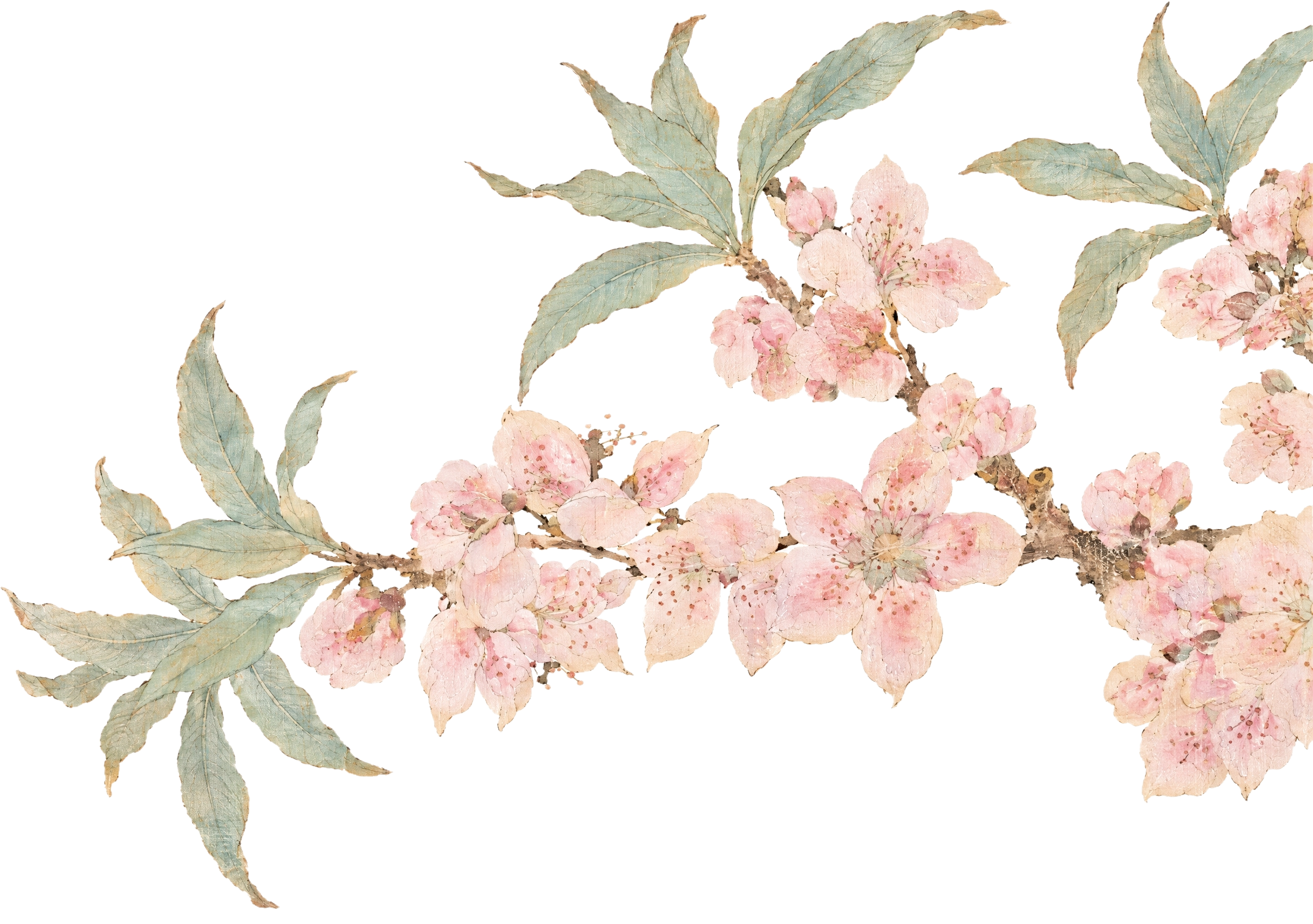 参考图中的中国传统工笔没骨花鸟画风格，重新绘制碧桃花枝，保持绢… - 图片创意预览