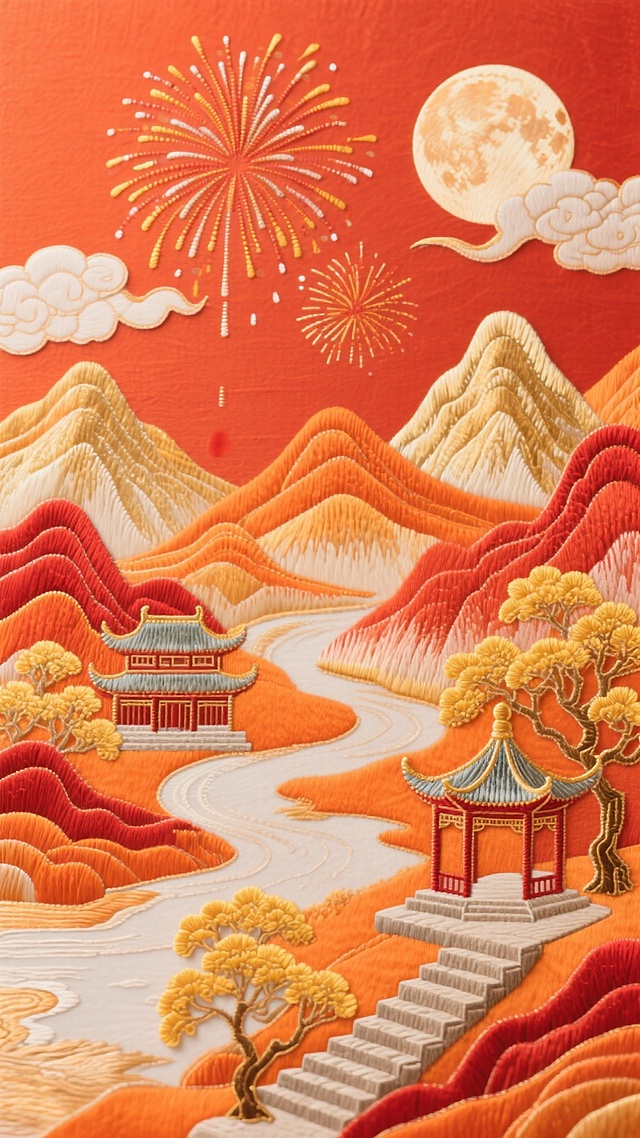 刺绣风中式山水，喜庆烟花映衬，节日氛围浓厚，传统建筑与自然和谐共生。