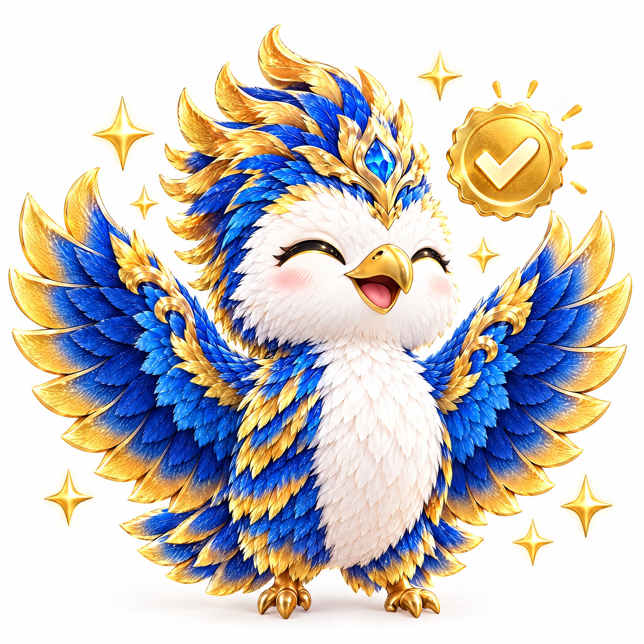 参考图中的蓝金色鹰形小神兽（蓝金渐变羽毛、金色头饰蓝宝石、白色… - 图片创意预览