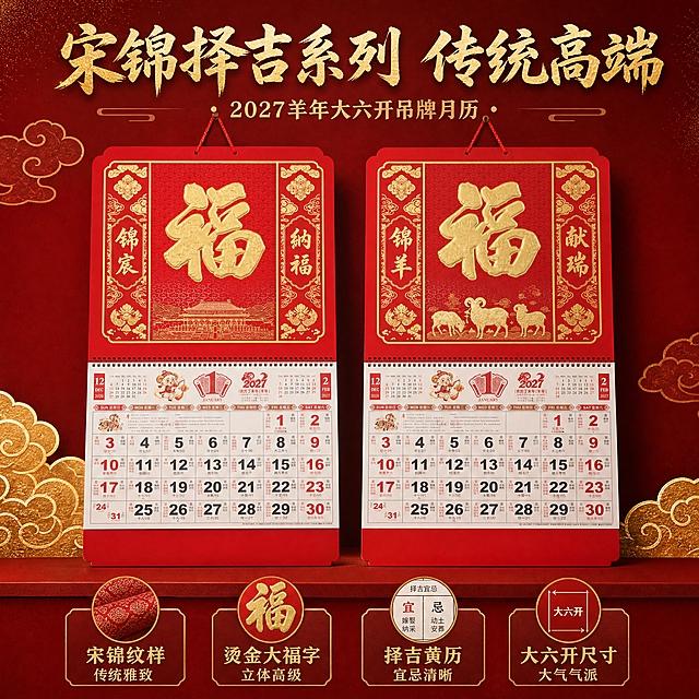 [主图-3] 2027羊年大六开宋锦择吉吊牌月历 系列卖点图。
[统一基调] 喜庆中国红 高端工艺质感 新中式年味 背景主色为深红渐变+金色点缀 标题字色为烫金+中国红 字体为大气书法体+简洁黑体 整体大气喜庆有质感。
[画面] 宋锦择吉系列两款挂历展示，左侧锦宸纳福款右侧锦羊献瑞款，两款并列展示，主体占比约60%。背景为深红色渐变+金色祥云，下方有4个卖点图标卡，分别对应宋锦烫金、择吉黄历、传统纹样、高端质感。挂历表面烫金凹凸质感清晰可见，宋锦纹样边框和大福字立体精美。每款挂历完整保留四段式结构和底部85mm广告位。
[光影质感] 商业摄影质感 柔和顶光+侧光 突出烫金部分的金属立体感和宋锦纹理 整体光线均匀有层次。
[配色] 中国红+烫金色为主 深红渐变背景 整体高级有质感。
[文字版式] 顶部主标题烫金大字"宋锦择吉系列 传统高端" 下方四个卖点分别为"宋锦纹样 传统雅致""烫金大福字 立体高级""择吉黄历 宜忌清晰""大六开尺寸 大气气派" 文字排版整齐不遮挡主体。
[输出要求] 比例1:1 文字清晰可读 产品清晰完整 挂历底部85mm广告位必须完整保留 无变形 无错字 无模糊 无杂乱背景 无水印 无平台Logo。