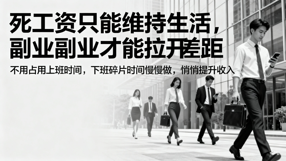 1280*720尺寸的简约高级风海报，不要纯色背景，添加年轻下班白领人物背景，主副标题分明，主标题是"死工资只能维持生活，副业才能拉开差距"，副标题是"不用占用上班时间，下班碎片时间慢慢做，悄悄提升收预览效果