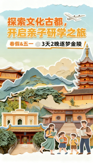 将文字“历史与自然的双城奇遇”替换成“3天2晚逐梦金陵”，去除右下角的公众号水印，调整海报尺寸和第一张原图一致，保留拼贴剪纸风格和整体配色预览效果