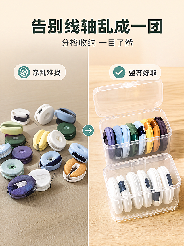 [商品] 使用【图1】透明塑料线轴收纳盒产品图；右侧展示产品保留透明盒体、翻盖卡扣、盒内彩色/白色线轴的颜色材质不变，左侧展示同色系彩色线轴散乱堆放的杂乱状态，自然提升透明材质通透度，不改变产品结构。
[画面] 页面目标=痛点对比页，左右分栏构图：左侧2/5为杂乱线轴散落桌面（略灰调、凌乱），右侧3/5为透明收纳盒整齐排列（暖调、明亮），中间竖向分栏线或箭头引导；中景，浅木色桌面背景，产品占画面约45%。
[视觉] 套系策略：风格=国内电商功能解决型·温馨家居商业摄影；标题字=现代无衬线粗黑体；正文字=简洁无衬线体；主色=暖白米色；背景延展=暖白到浅杏同色渐变+浅木色桌面；强调色=蓝绿色，仅用于箭头、标签与图标；标题色=深墨绿；正文色=中暖灰；组件=圆角浅底信息卡、细线引线、对比标签；光影=左前侧暖柔光。
[文字] 主标题“告别线轴乱成一团”，副标题“分格收纳 一目了然”，左右各1个短标签（左“杂乱难找”，右“整齐好取”）；所有文字仅横向排版。
[规格] 国内平台详情图3:4竖版，4K，避免错字、文字过小、竖排文字、产品变形、冷蓝/蓝灰主色调。