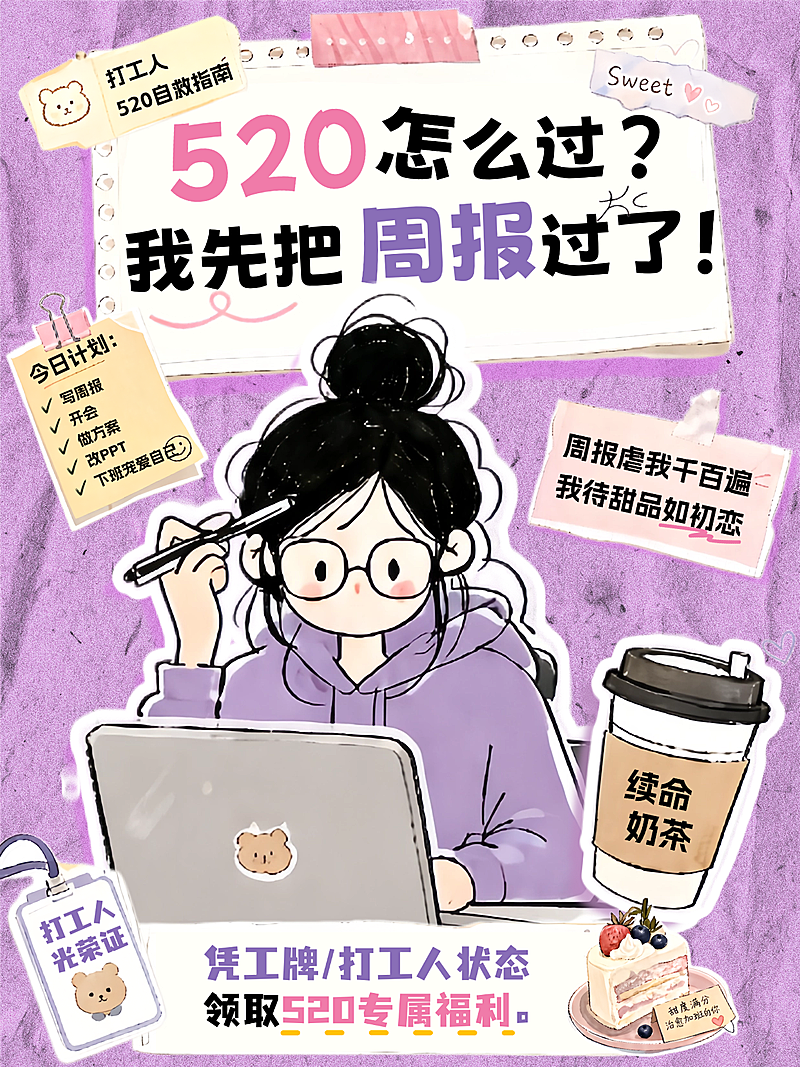 520奶茶饮品打工牛马拼贴插画风小红书封面
