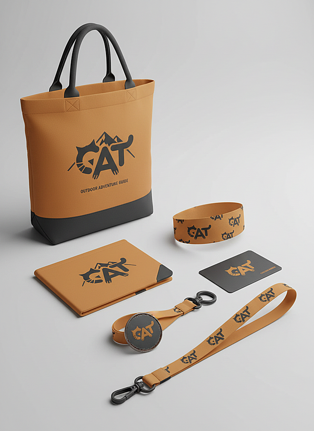 参考这个LOGO，做一套户外运动品牌视觉设计，品牌名称为“Cat"，包括包装袋、头巾、手册、金属卡、挂绳、徽章等。淡橘视觉主色调，功能主义、坚固耐用的现代风格