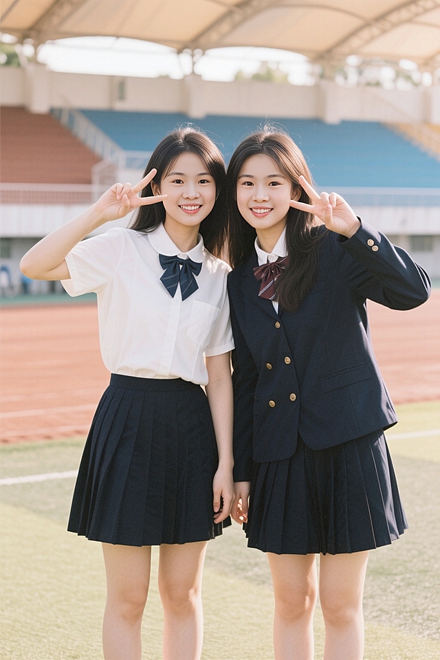 清新甜美校园风，两位少女活力四射，阳光下尽显青春动漫感。
