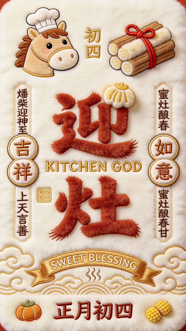 国潮刺绣风，拟人马头戴厨师帽，毛发生长质感文字“迎灶”，卡通元素点缀，喜庆可爱，正月初四迎灶神主题设计。
