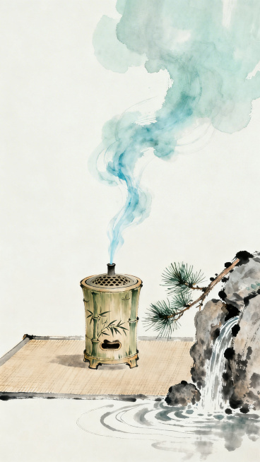 古风茶席场景，摆放着竹炉，旁有石泉，点缀松枝，茶烟袅袅升起，营造文人雅集的静谧意境，采用水墨淡彩风格，画面淡雅写意，充满东方雅致美感预览效果