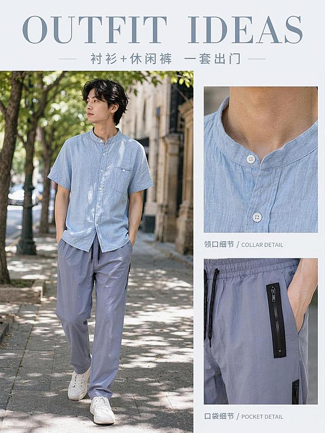 [第5屏] 搭配灵感屏，男士浅蓝色亚麻衬衫搭配展示。本屏使用【图1】衬衫+【图3】休闲裤做搭配组合。
[标题版式] 顶部英文标题，下方左右分栏，右栏小图展示搭配细节，简约杂志风。
[氛围/风格] 日常休闲穿搭风，自然街景背景，生活感强，真实耐看。
[元素布局] 左侧大图展示模特全身搭配，右侧两个小相框分别展示衬衫领口和裤子口袋细节，衬衫浅蓝色和版型与【图1】一致，裤子灰色和结构与【图3】一致。背景为城市街道树荫场景，营造自然出行氛围。
[光影质感] 自然树荫柔光，光影斑驳，富有生活气息，整体明亮自然。
[配色色系] 全局底色 #F3F5F7，主色浅蓝衬衫+灰色裤子，文字浅灰蓝色，风格和谐。
[视角构图] 左大右小分区，阅读从上到下，左侧全身搭配突出整体效果。
[文字版式] 顶部主标题英文「OUTFIT IDEAS」，下方小字「衬衫+休闲裤 一套出门」，文字不遮挡搭配主体。
[比例分辨率] 3:4 竖版比例，4K 分辨率，文字清晰可辨，高清画质。
[负向提示词] 衬衫裤子变形，颜色不一致，排版混乱，文字遮挡主体，水印