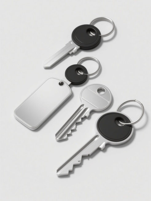 超写实3D渲染的四把不同样式金属钥匙，包含扁平矩形钥匙牌、传统齿纹钥匙等，银色金属材质表面有细腻反光和轻微磨砂质感，黑色圆形钥匙圈连接，整体以对称平衡的方式整齐排列在纯白色背景上，光线从左上方45度角照射形成柔和阴影，突出钥匙的立体感与材质细节，画面简洁干净，具有产品展示级的清晰锐利度和专业静物摄影的光影氛围。预览效果