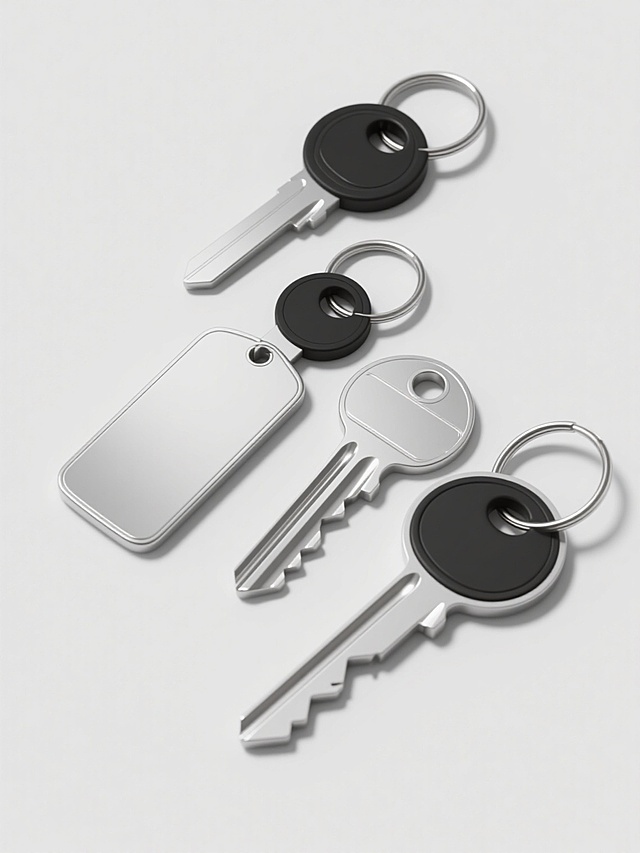 超写实3D渲染的四把不同样式金属钥匙，包含扁平矩形钥匙牌、传统齿纹钥匙等，银色金属材质表面有细腻反光和轻微磨砂质感，黑色圆形钥匙圈连接，整体以对称平衡的方式整齐排列在纯白色背景上，光线从左上方45度角照射形成柔和阴影，突出钥匙的立体感与材质细节，画面简洁干净，具有产品展示级的清晰锐利度和专业静物摄影的光影氛围。