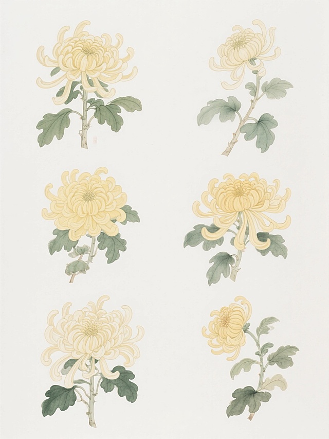 6个不同样式、不同材质的菊花，白色背景，排列整齐，中国传统工笔画风格，细腻的线条勾勒，柔和淡雅的黄色系花瓣，绿色的叶片，花朵形态饱满，层次分明，具有透明感的水彩晕染效果，整体构图简洁大方，画面清新雅致，细节丰富，色彩和谐统一