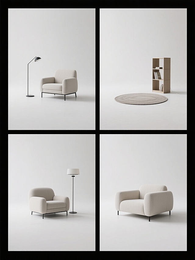 简约现代风格家居展示海报，纯白纯色背景，画面中四个不同的现代简约风格家具（如单人沙发、落地灯、圆形地毯、书架等）呈规整网格状排布，每个家具独立成组，保持原图像中柔和的光影效果、细腻的材质表现和干净的画面质感，无任何文字、logo或水印，整体造型简洁大气，注重线条的流畅性与空间的留白感。