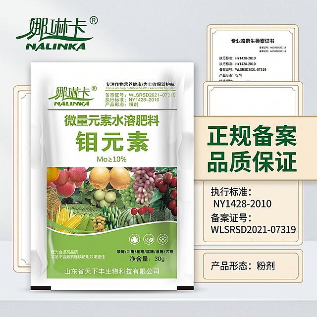 [主图-10]品牌资质认证展示图。
[氛围风格] 权威可信专业品质风格；
[画质] 商业摄影质感、光线柔和通透、产品清晰真实、画面干净高级。
[元素] 娜琳卡钼元素肥料包装袋放置在画面中心位置，周围摆放简化的权威认证资质证书轮廓和执行标准编号展示。保持肥料产品外观与输入产品图绝对一致，杜绝任何变形和色差。左上角放置提取的娜琳卡绿色品牌Logo。商品主体占比约65%，画面满屏无边框。
[光影] 均匀柔和的专业影棚灯光，突出产品主体，资质区域光线均匀，整体干净专业。
[配色] 浅灰色干净背景，绿色品牌元素和产品呼应，证书区域浅米色衬托，整体稳重可信。
[视角构图] 中心产品构图，周围环绕资质信息，平视角度，主体突出，层次清晰。
[文字版式] 产品下方大字绿色标题"正规备案 品质保证"，列出"执行标准: NY1428-2010""备案证号: WLSRSD2021-07319"，文字排版整齐，层级清晰，不遮挡产品主体。
[比例分辨率] 1:1比例，2k分辨率；文字清晰可辨，超高清。
[负向提示词] 变形，水印，文字错乱，产品图模糊，背景杂乱，遮挡主体，配色刺眼，绝对化违禁词，联系方式，二维码。