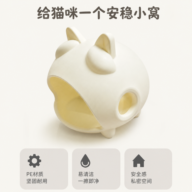 [主图-2] 猫屋核心卖点展示图，ins网红风格。[氛围风格] 简约ins风，清晰干净的功能展示氛围。[画质] 商业摄影质感，光线柔和通透，产品清晰真实，画面干净高级。[元素] 保持猫屋外观（物理结构预览效果