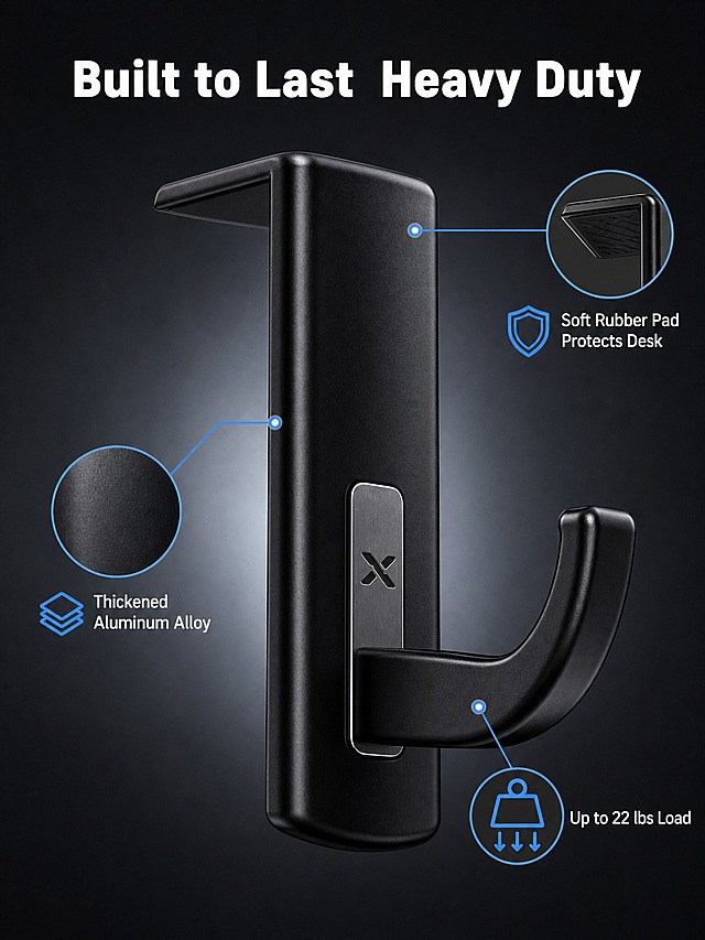 [主图-3] Headphone Hanger Hook 4-Pack Under Desk Headset Holder Mount，产品结构细节与材质证据图，展示挂架的金属材质、加厚结构和承重能力。
[统一基调] 深色科技感背景，克制信息图风格。主标题白色粗体无衬线字体，辅助文字浅灰色小号无衬线，强调色为科技蓝。圆角矩形标注框，引线标注样式。
[画面] 画面中央为一个超大号黑色耳机挂架的侧面特写视角，能清晰看到L型夹持结构的厚度、U型挂钩的弯曲弧度和正面金属铭牌。画面用3条引线标注关键结构细节：1) 引线指向挂架主体侧面，标注"Thickened Aluminum Alloy"，旁边有金属材质纹理放大圆窗；2) 引线指向挂钩弯曲处，标注"Up to 22 lbs Load"，旁边有重力向下箭头图标；3) 引线指向顶部夹持边内侧，标注"Soft Rubber Pad Protects Desk"，放大圆窗展示内侧防滑橡胶垫纹理。背景为深炭灰色，有微弱径向光从产品后方透出。
[光影质感] 产品哑光黑金属质感强烈，侧面高光勾勒出厚度，金属铭牌有细腻拉丝纹理反光，挂钩弯曲处有自然明暗过渡体现曲面。整体光影从左前方照射，右侧有柔和阴影。
[配色] 背景深炭灰色，产品哑光黑+金属灰铭牌，标注引线和图标科技蓝色，文字白色+浅灰。
[文字版式] 顶部大标题"Built to Last  Heavy Duty"白色粗体大字。3处引线标注各含1个科技蓝图标+1行白色英文说明文字，文字沿引线水平排列。所有文字均为英文。
[输出要求] 3:4竖版比例，产品细节清晰锐利，材质纹理真实，标注引线整齐不杂乱，无变形、错字、模糊、水印、平台Logo。禁止中文文字。
