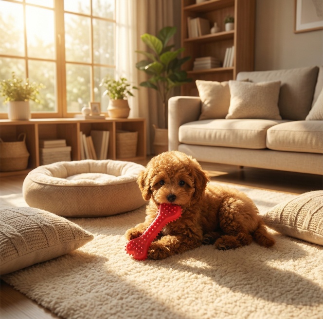 宠物玩耍场景图，温馨的客厅环境，一只泰迪幼犬正开心啃咬原图中的骨头形状宠物玩具，阳光透过窗户洒下柔和光影，背景布置舒适的宠物窝和抱枕，整体氛围温暖治愈，突出玩具的趣味性和陪伴感预览效果