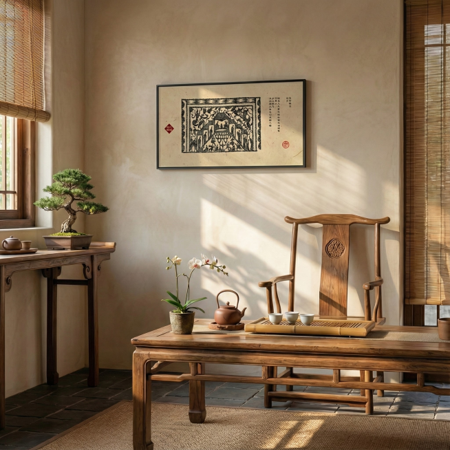 墙壁高档光滑一些，挂画的边框不要这么宽，要细边条的黑色铝合金边框，茶桌上的茶壶有一个就可以，其余不变预览效果