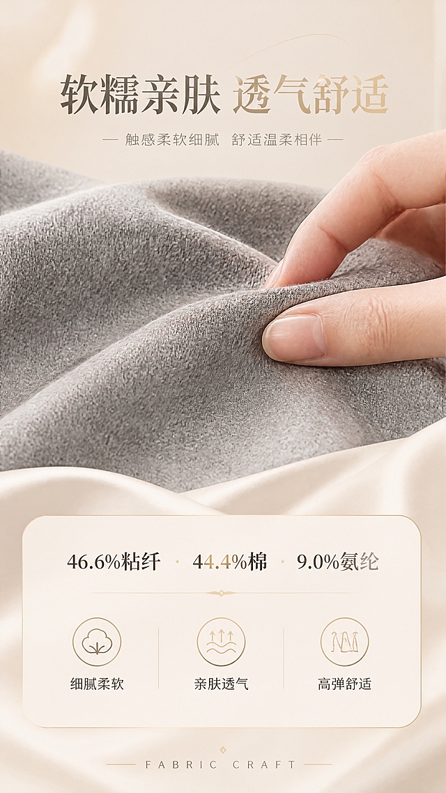 [商品] 使用【图1】灰色中领打底衫；商品处理：保留中领设计、面料成分、颜色及软糯质感；放大面料局部展示针织纹理，自然去皱，增强织物质感和细腻纤维表现，不改变材质和颜色。
[画面] 目标：面料工艺页，展示成分与软糯亲肤质感。构图：上半部分面料微距特写占55%，手指轻触面料表现柔软触感；下半部分成分信息卡+3个小图标；前景浅米色丝绸布料铺垫，中景面料特写+手部动作，后景浅米色渐变背景+金色微光；阅读动线从上方面料到下方文字信息。
[视觉] 套系策略：风格=高级轻奢女装商业摄影风；标题字=优雅衬线粗体；正文字=简洁无衬线体；主色=浅米色；背景延展=基于浅米色做深浅渐变、同色系层次和细腻哑光纸张/丝绸质感；强调色=香槟金色，仅用于小面积图标、引线、装饰线条和标签；标题色=深炭灰+金色渐变；正文色=中暖灰；组件=圆角浅金信息卡、细金线引线、精致小标签；光影=左前侧暖柔光，柔和阴影，金色轮廓光点缀。
[文字] 顶部主标题「软糯亲肤 透气舒适」；中部成分信息：「46.6%粘纤 · 44.4%棉 · 9.0%氨纶」；下方3个卖点图标+文字：「细腻柔软」「亲肤透气」「高弹舒适」；底部小号英文「FABRIC CRAFT」；所有文字横向排版。
[规格] 图片比例9:16竖版，4K分辨率，负向提示：避免变形、错字、文字过小、白底孤立、冷蓝/冷灰背景、面料颜色改变、材质失真、极限词、平台Logo水印。