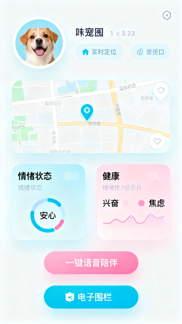 PawPal智能宠物项圈配套手机APP UI设计，浅色干净现代风格，主色调马卡龙蓝搭配温柔粉，界面包含宠物头像、实时定位地图、情绪状态显示模块（显示安心/兴奋/焦虑状态）、健康数据卡片、一键语音陪伴按预览效果