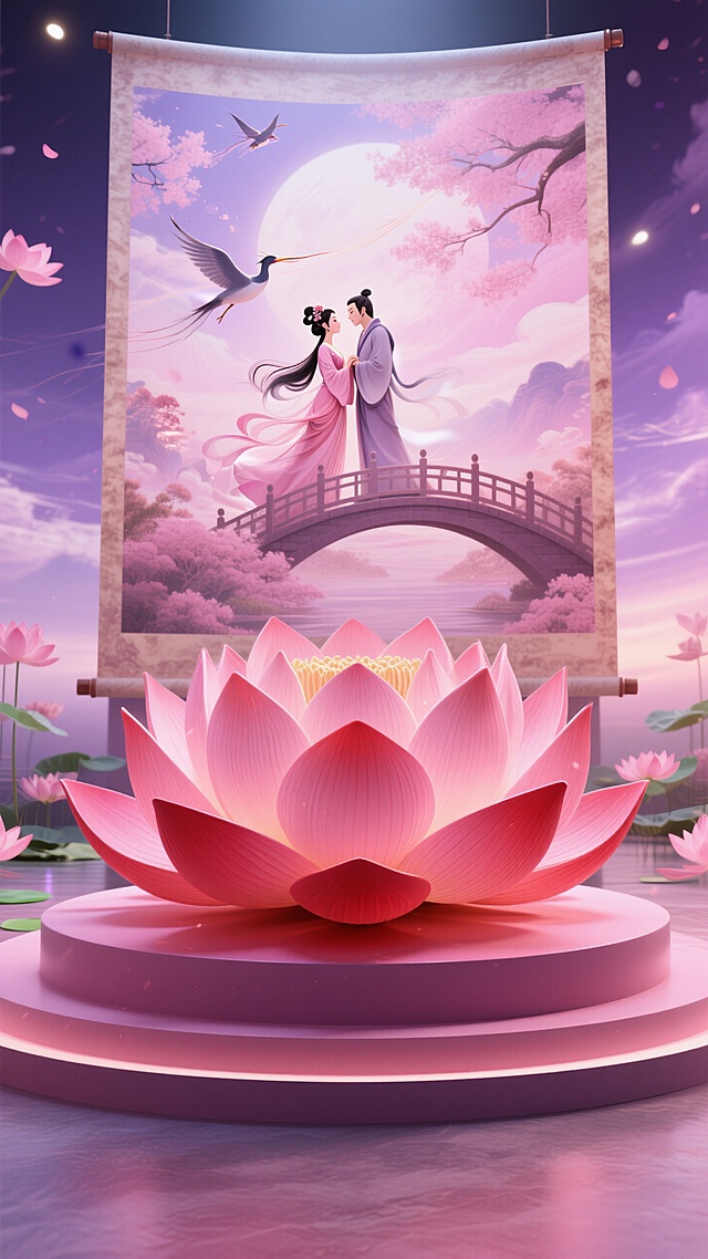 梦幻古典插画风，浪漫情侣桥上相依，虚拟自然与超现实主义结合，水墨意境。