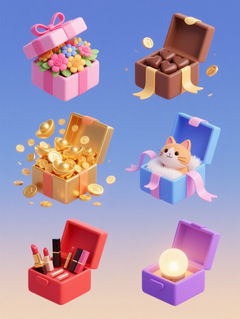 一系列6个造型各异的节日礼盒插画，每个礼盒均采用统一的3D立体渐变风格，纯色背景，整体色彩变换且和谐统一，礼盒造型规整排布。第一个礼盒为粉色系，内含盛开的五彩鲜花，搭配粉色蝴蝶结；第二个为棕色系，装满心形巧克力，点缀金色糖纸；第三个为金色系，涌出闪亮金币和元宝，象征财富；第四个为蓝色系，一只可爱小猫从盒中探出头，周围有白色绒毛；第五个为红色系，精致口红和化妆品整齐排列，展现美妆主题；第六个为紫……预览效果