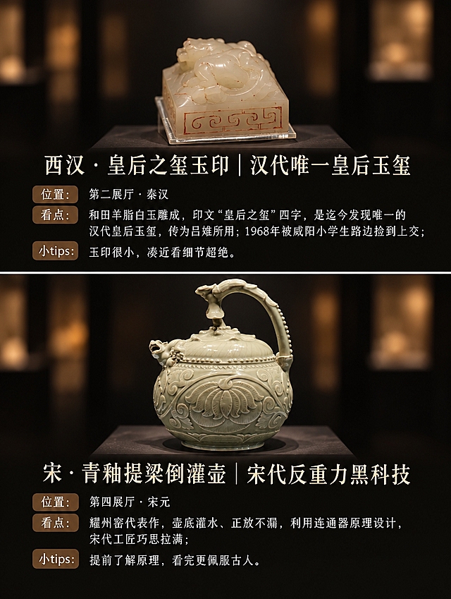 参考第一张秦杜虎符五祀卫鼎拼图的版式风格和排版设计，将文物替换为皇后之玺玉印和青釉提梁倒灌壶，制作成3:4竖版上下两格拼图。保持完全相同的排版结构、字体风格、标签样式和深色背景。上半部分放置皇后之玺玉印图片，下方配文字标题"西汉·皇后之玺玉印 | 汉代唯一皇后玉玺"，以及三行标签：位置：第二展厅·秦汉；看点：和田羊脂白玉雕成，印文"皇后之玺"四字，是迄今发现唯一的汉代皇后玉玺，传为吕雉所用；1968年被咸阳小学生路边捡到上交；小tips：玉印很小，凑近看细节超绝。下半部分放置青釉提梁倒灌壶图片，下方配文字标题"宋·青釉提梁倒灌壶 | 宋代反重力黑科技"，以及三行标签：位置：第四展厅·宋元；看点：耀州窑代表作，壶底灌水、正放不漏，利用连通器原理设计，宋代工匠巧思拉满；小tips：提前了解原理，看完更佩服古人。两格之间有细白边分隔，整体博物馆文物科普风格，排版与参考图一致，高清无水印。