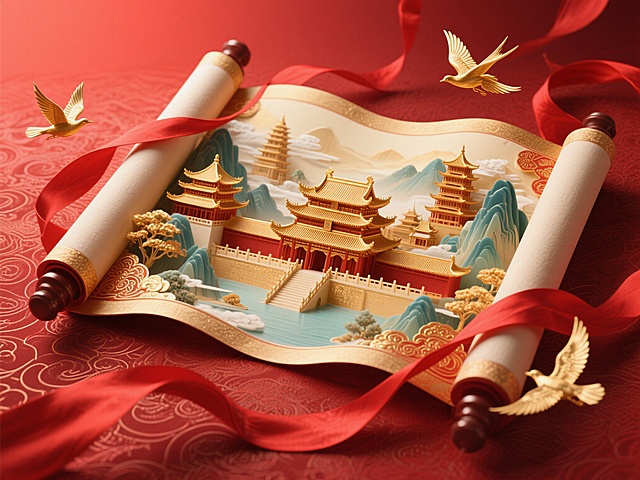 中式古典建筑跃然卷轴之上，鎏金浮雕与撕纸风结合，红金配色尽显喜庆奢华，飞鸟环绕，微缩艺术感十足，营造梦幻节日氛围。