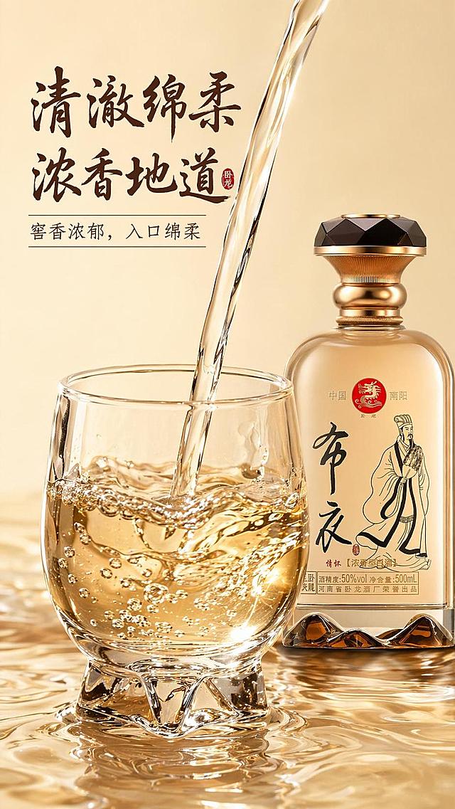 [第4屏] 酒体质感-清澈浓香型白酒液体特写。本屏使用【图1】产品瓶身作为主体。  
[氛围/风格] 通透质感微距风，商业美食摄影质感。
[元素布局] 倒出的酒液在玻璃杯中占据中心位置，占比约60%，酒液清澈金黄，体现通透质感；产品瓶身放置在酒杯旁，占比约30%；保留瓶身外观、结构与原图一致。
[光影质感] 侧光打透酒液，突出酒液金黄通透感，杯壁高光自然，整体干净透亮。
[配色色系] 全局底色 #f0e7d0；主色为酒液金黄色，辅助色为透明玻璃杯、瓶身琥珀金，棕色文字。
[视角构图] 中心横向构图，酒液为主体，产品为辅助，视觉焦点在酒液质感。
[文字版式] 标题「清澈绵柔 浓香地道」，副标题「窖香浓郁，入口绵柔」，字体延续书法风格，放置在左上角，不遮挡酒液主体。
[比例分辨率] 9:16竖版比例，4K分辨率，文字清晰可辨，高清画质。
[负向提示词] 产品变形，瓶身文字错乱，酒液浑浊，文字过小，水印，颜色偏差