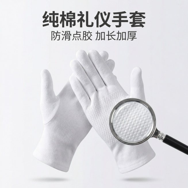 帮我生成10张电商主图 特点市场新款手套 加厚加长 自带防滑软胶点 纯棉汗布白色颗粒礼仪 手套预览效果