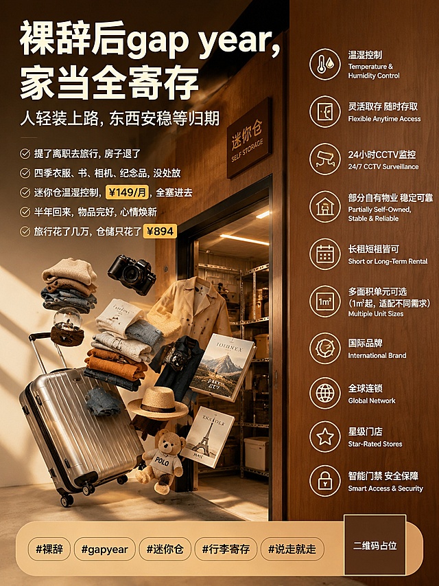小红书内容种草海报，写实商业摄影质感，暖木色调温馨氛围，仿参考图图1的版式骨架：左侧主视觉区+右侧竖排卖点图标区+底部话题标签栏。左侧主视觉：行李箱、四季衣物、相机、书籍、纪念品等个人物品从迷你仓门口轻盈悬浮飞出，动态感强，背景是暖光下的木纹储物仓门和内部温湿控制的干净储物空间，光影柔和有层次。右侧竖排10个细线图标对应10项服务卖点，图标下方配中英双语小字。顶部大字号主标题："裸辞后gap year，家当全寄存"。副标题："人轻装上路，东西安稳等归期"。中部正文短句分条呈现："提了离职去旅行，房子退了""四季衣服、书、相机、纪念品，没处放""迷你仓温湿控制，¥149/月，全塞进去""半年回来，物品完好，心情焕新""旅行花了几万，仓储只花了¥894"。底部圆角标签栏展示话题标签："#裸辞 #gapyear #迷你仓 #行李寄存 #说走就走"。右侧卖点区完整呈现10项服务："温湿控制 — Temperature & Humidity Control""灵活取存 随时存取 — Flexible Anytime Access""24小时CCTV监控 — 24/7 CCTV Surveillance""部分自有物业 稳定可靠 — Partially Self-Owned, Stable & Reliable""长租短租皆可 — Short or Long-Term Rental""多面积单元可选（1㎡起，适配不同需求）— Multiple Unit Sizes""国际品牌 — International Brand""全球连锁 — Global Network""星级门店 — Star-Rated Stores""智能门禁 安全保障 — Smart Access & Security"。画面中所有数字必须精确渲染："¥149""¥894""1㎡""24"，不得错位、遗漏或编造。画面中所有信息区域必须填充完整合理的内容，不得出现空白框、空白占位、空列表项。画面中所有二维码区域使用纯色方块占位符呈现，方块中央标注"二维码占位"文字，严禁生成任何可识别的二维码图案。版式精美，文字清晰可读，小红书种草封面感，3:4竖版比例。