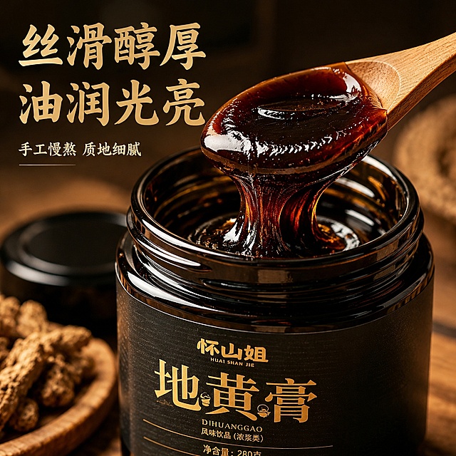 [主图-3] 地黄膏膏体质感细节特写图，放大展示产品品质。
[氛围风格] 诱人食欲感，聚焦膏体质感，突出产品细腻油润特质。
[画质] 商业微距摄影质感，纹理细节清晰，产品真实通透。
[元素] 木勺舀起浓稠地黄膏膏体，膏体呈现挂勺拉丝的油润状态，背景虚化展示打开瓶盖的地黄膏玻璃瓶，保持产品外观与输入产品图绝对一致。膏体纹理细节清晰可见，光泽油润诱人。商品主体占比约75%，特写构图，聚焦膏体。
[光影] 侧光逆光拍摄，突出膏体油润光泽，高光自然不溢出，暗部保留膏体质感层次。
[配色] 深棕黑为主色调，膏体油亮光泽呈现琥珀棕，木勺浅棕色点缀，温暖诱人。
[视角构图] 俯视特写视角，膏体位于画面中心，背景虚化突出主体，景深较浅。
[文字版式] 画面左上角负空间放置主标题大字：丝滑醇厚，油润光亮，暖金色书法字体；下方小字补充：手工慢熬 质地细腻，清晰辅助说明。文字不遮挡膏体主体，保持清晰可读。
[输出要求] 1:1比例，文字清晰可辨，超高清微距商业摄影质感，width=2048 height=2048。
[负向提示词] 变形，文字错乱，产品图模糊，背景杂乱，水印，电商平台Logo，绝对化违禁词，医疗功效宣传。