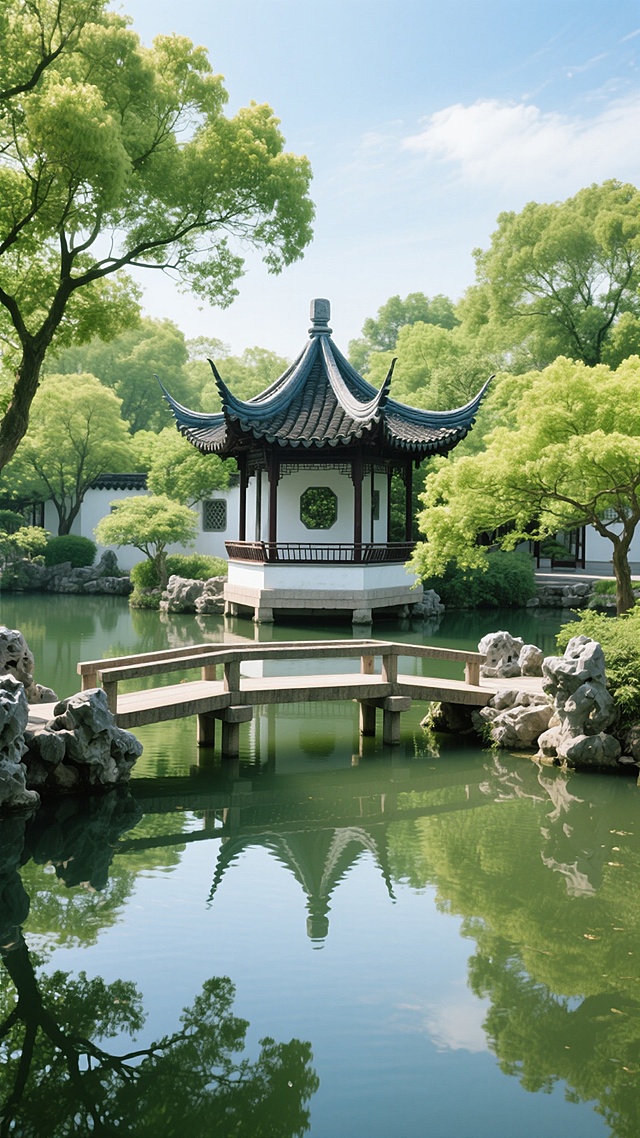 中国古典园林景观，写实摄影风格，阳光明媚的白天，青瓦白墙的传统中式凉亭位于画面中央，飞檐翘角细节精致，周围环绕茂密的绿树，枝叶繁茂呈鲜绿色，前景有一座古朴的木桥横跨平静的水面，桥下清澈的湖水倒映着凉亭、树木和天空的影像，岸边点缀着形态自然的太湖石，整体画面光影柔和，色彩清新明快，营造出宁静雅致、充满生机的江南园林意境，构图采用自然视角，展现园林的清幽与和谐之美。