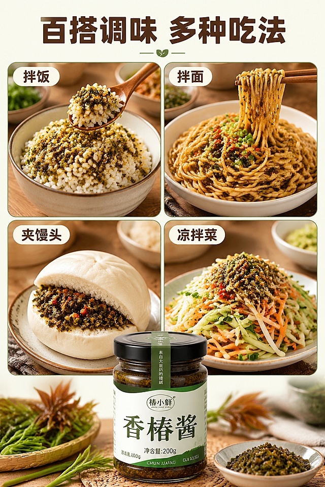 使用商品详情页技能根据商品图「图片1」生成详情页，参考图为，商品名称为xiangchunjiang，卖点为头茬嫩香椿，鲜香不发柴 看得见椿芽颗粒，用料扎实不虚标 拌饭拌面夹馒头，下饭超开胃 高温锁鲜灌装，存放更省心 农家家常风味，配料干净吃得安心 百搭调味酱，多种吃法随心做 四季尝春，随时吃上香椿味，适配平台为淘宝/天猫，图片比例为2:3，需求屏数为7张，