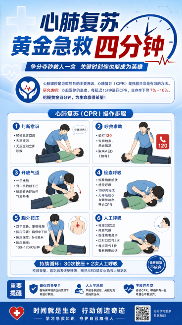 心肺复苏急救知识科普宣传海报，设计专业清晰，顶部有醒目标题"心肺复苏黄金急救四分钟"，主体图文结合展示CPR操作步骤，蓝色为主色调，风格正式公益，适合医疗科普宣传，画面整体干净醒目预览效果