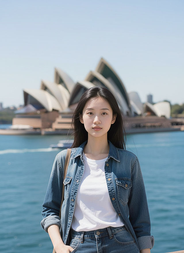 保持人物和动作不变，场景换成悉尼歌剧院，景深