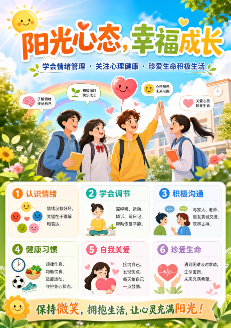 AI科普海报，主题为阳光心态、情绪管理、心理健康、幸福成长、珍爱生命、积极生活，风格积极向上，图文并茂，主题鲜明，通俗易懂，尺寸为A3，分辨率不低于300dpi预览效果