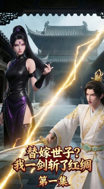 将标题“替嫁世子？我一剑斩了红绸。第一集”移至画面下方，字体风格保持大气凌厉，适配武侠古风画面预览效果