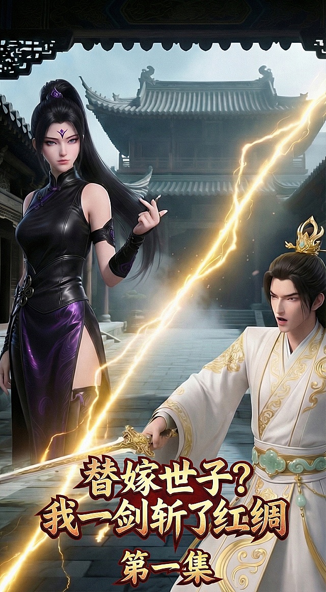 将标题“替嫁世子？我一剑斩了红绸。第一集”移至画面下方，字体风格保持大气凌厉，适配武侠古风画面