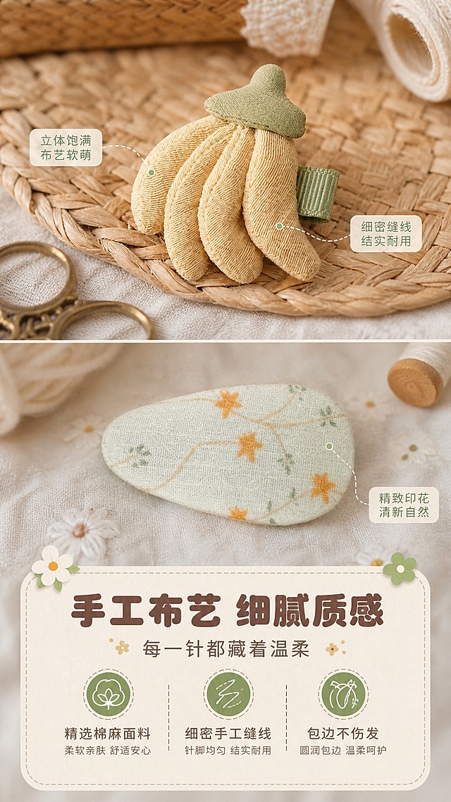 [商品] 使用【图1】儿童发夹套装（米黄布艺香蕉造型夹+浅蓝橘星碎花椭圆夹）；保留布艺纹理、缝线针脚、包布夹边缘细节、碎花图案的细腻质感；放大展示材质肌理，不改变颜色和结构。
[画面] 页面目标：细节质感展示，传递手工治愈感与布艺材质的柔软。构图：竖版，上下布局，上半部分为香蕉夹微距特写，下半部分为碎花夹细节+文案区。景别：微距特写，聚焦发夹表面织物纹理、缝线和边缘包边工艺。摆放：香蕉夹斜放在编织纹理上，侧光打亮布艺的凹凸肌理；碎花夹平放，展示星星碎花的精致印花。前景有虚化的棉线团、小剪刀等手工道具，增加手工感氛围。
[视觉] 套系策略：风格=森系治愈风儿童配饰商业摄影；标题字=圆润粗圆体；正文字=圆角无衬线体；主色=米杏奶白；背景延展=基于米杏奶白做深浅层级、同色渐变和棉麻/织物/纸张细腻质感；强调色=豆绿色，仅用于小面积图标、引线和标签；标题色=暖棕咖；正文色=浅暖灰；组件=圆角浅底信息卡、虚线引线、小花朵装饰元素；光影=侧前45度暖柔光，突出织物肌理与立体感。
[文字] 底部圆角信息卡主标题"手工布艺 细腻质感"，副标题"每一针都藏着温柔"，下方3个细节卖点：「精选棉麻面料」「细密手工缝线」「包边不伤发」；配2个小图标指向对应细节部位；文字全部横向排版。
[规格] 图片比例9:16竖版，4K，避免变形、错字、文字过小、冷蓝/蓝灰背景、塑料质感、发夹造型失真。