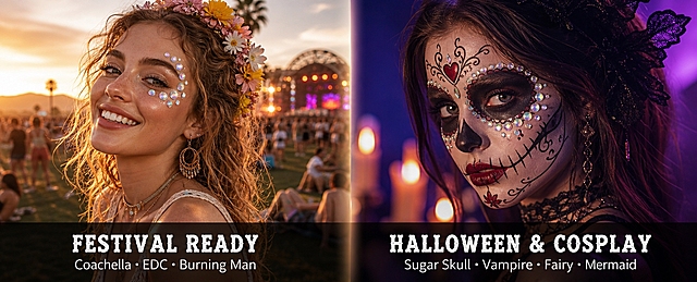 1464×600px Amazon Premium A+ dual-scene collage module, horizontal long image, left-right split screen. Left half (732×600px) is music festival scene: warm golden sunset outdoor lawn / desert background, a young white American female model with wavy curly hair wearing flower crown, bohemian crop top, wearing iridescent AB color perfectly round smooth gems on face extending from outer corner of eye to temple, gem surface smooth like water droplet, bright smile, background blurred festival crowd and stage lights. Bottom of left half overlays semi-transparent black bar, white English main title "FESTIVAL READY" in bold font, subtitle "Coachella・EDC・Burning Man" in thin font. Right half (732×600px) is Halloween scene: deep purple gradient background with orange candlelight spots, a white American female model with long dark hair, Día de los Muertos sugar skull makeup, iridescent AB + transparent silver perfectly round smooth gems around eyes and cheekbones arranged along skull patterns, gem surface smooth with soft highlight, deep red lip color, black lace hair accessories. Bottom of right half overlays semi-transparent black bar, white English main title "HALLOWEEN & COSPLAY" in bold font, subtitle "Sugar Skull・Vampire・Fairy・Mermaid" in thin font. Gems on models' faces in both scenes are perfectly round smooth surface, not faceted not teardrop-shaped. Middle of left and right screens separated by thin vertical line or gradient transition. Information layout is left-right equal-width dual-scene collage, each screen has independent scene + bottom text bar. Design emphasizes atmosphere contrast of two usage scenarios, left warm right cold, left bright right dark, gem stickers present smooth water droplet texture in different makeup looks, font is scene-stylized bold font.