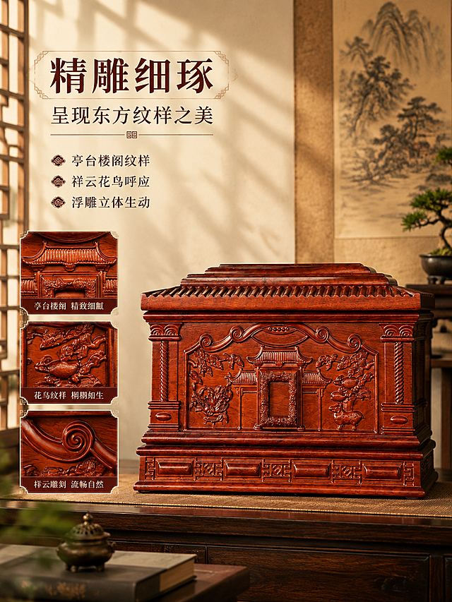 [商品] 使用【图1】祥庭福韵古夷苏木实木骨灰盒正面图；保留产品正面亭台楼阁、花鸟、祥云浮雕纹样，红棕木色，两侧雕刻柱，底座回纹，产品不变形不变色；重点突出正面雕刻细节。
[画面] 正面雕刻工艺展示页，左文右图布局；产品位于画面右侧，占画面约65%，正面特写角度，聚焦正面浮雕区域，亭台楼阁与花鸟纹样清晰可见；左侧为工艺说明文字区，搭配局部雕刻放大示意；背景为暖米色墙面，左侧有窗棂光影，营造中式书房氛围。
[视觉] 套系策略：风格=中式传统庄重典雅商业摄影；标题字=宋体/衬线体粗字，端庄大气；正文字=简洁宋体；主色=暖木红棕+米杏；背景延展=基于米杏色做深浅层级、宣纸质感与暖光渐变；强调色=深棕红，仅用于小面积分割线、图标和引线；标题色=深棕红；正文色=深暖灰；组件=细线分割、传统回纹边框、印章式点缀；光影=左前侧暖柔光，侧光突出浮雕立体感。
[文字] 左侧上方主标题「精雕细琢」，副标题「呈现东方纹样之美」；下方分3行短卖点：亭台楼阁纹样、祥云花鸟呼应、浮雕立体生动；文字横向排版，不遮挡产品雕刻区域。
[规格] 图片比例3:4竖版，4K分辨率，避免变形、错字、文字过小、冷蓝背景、产品变色、雕刻模糊。