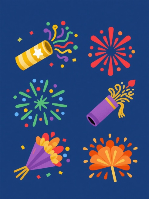 扁平化设计风格，纯色背景，六个不同的庆祝礼花元素规整排列，包括黄色条纹派对礼炮喷出彩色螺旋彩带和圆点纸屑、红色渐变烟花在深蓝色背景绽放、金色礼炮筒侧面视角带白色星形图案、绿色手绘风格烟花有放射状线条和圆点、紫色带金色流苏的节日礼花束、橙色爆炸状礼花有多层扇形花瓣，每个元素保持简洁的矢量图形特征，色彩鲜明，边缘平滑，整体构图平衡对称，符合庆祝主题的欢快氛围预览效果