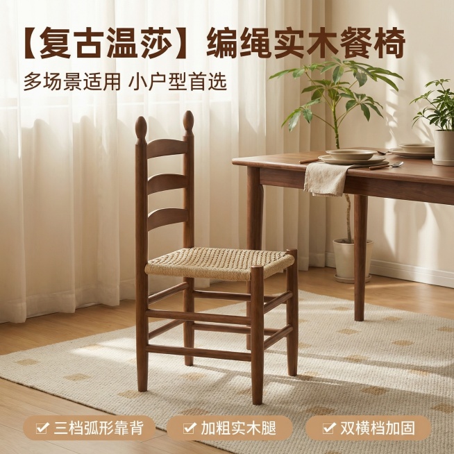 [主图 1] 经典温莎编绳椅餐厅场景展示首图
[氛围/风格] 温馨复古家居风格，自然暖调光线，午后慵懒氛围感。
[画面元素] 胡桃木色编绳椅子居中摆放，放置在温馨餐厅空间，背景包含浅米色墙面、胡桃木质预览效果