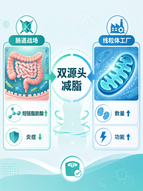 信息图表风格，左边是“肠道战场”图标，标注文字“短链脂肪酸↑ 炎症↓”，右边是“线粒体工厂”图标，标注文字“数量↑ 功能↑”，中间标注“双源头减脂”，蓝绿色调，简洁现代信息图表设计预览效果