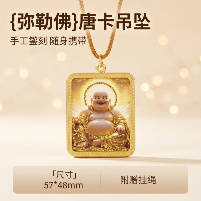 [主图 1] 弥勒佛唐卡吊坠产品首图；[氛围风格]国风禅意高档质感，优雅大气；[画质]商业摄影质感、光线柔和通透、产品清晰真实、画面干净高级；[元素]弥勒佛唐卡吊坠产品居中悬浮展示，产品尺寸57*48预览效果