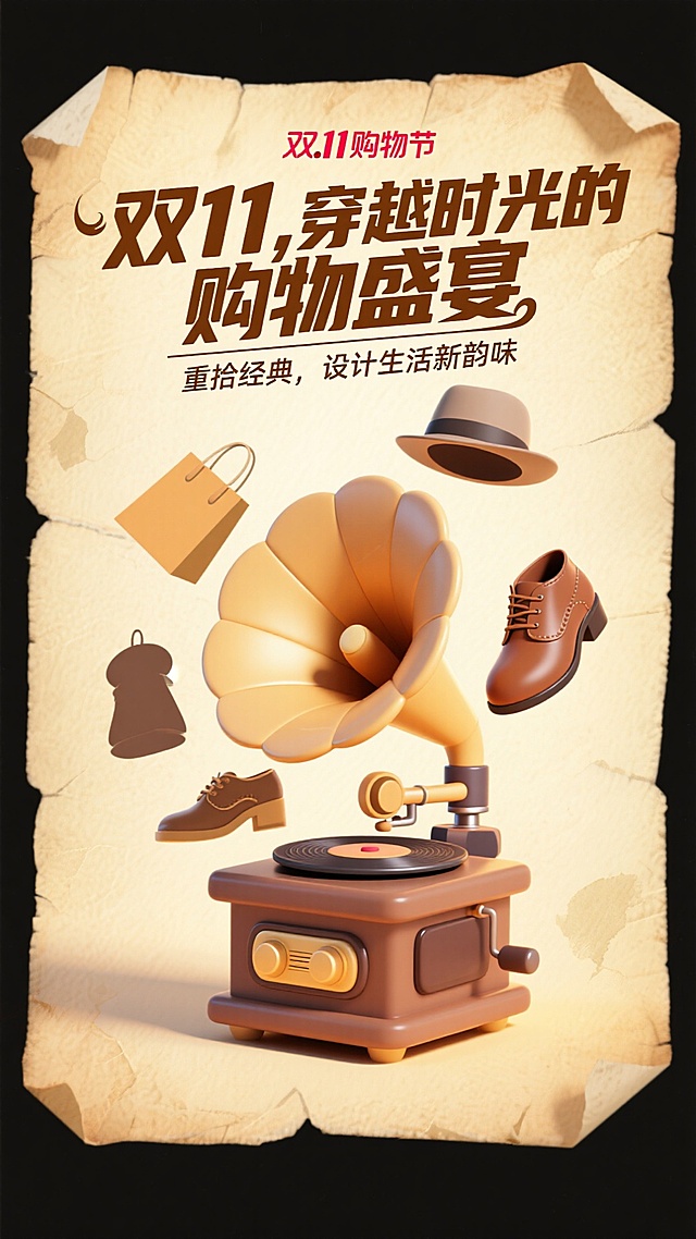 复古感与3D风融合，重拟物风格的留声机跃然纸上，撕纸质感背景搭配皮影式元素，营造双11购物节穿越时光的沉浸式视觉盛宴。