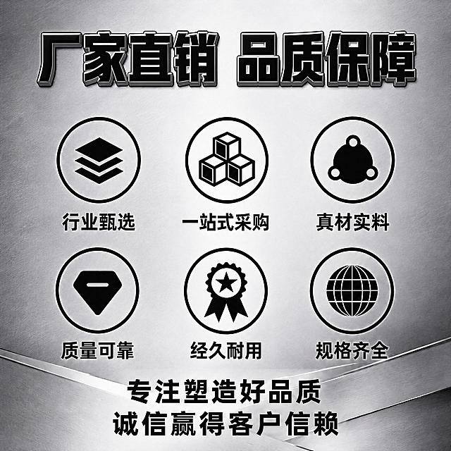 修改图片：将顶部标题文字"厂家直销 品质保障"改为加粗立体形态，增加黑色描边和轻微厚度，呈现更有层次感的立体效果；保持文字位置、大小、整体粗黑无衬线风格不变，保持所有现有元素（六个圆形图标、对应卖点文字、底部两行文案、灰白层次感拉丝金属背景）位置和样式全部不变；确保立体效果自然不突兀，文字依然清晰可读，整体风格统一，画质保持4K清晰。